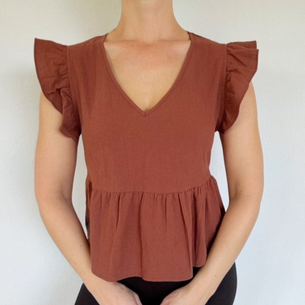 SHEIN VCAY brown ruffle cap sleeve v-neck peplum trim cotton blouse size large